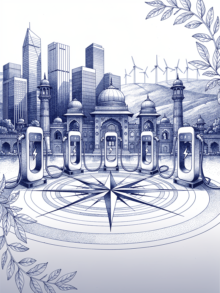Market analysis illustration showing India's urban landscape with integrated EV charging infrastructure connected through compass rose and geometric network patterns representing business opportunities