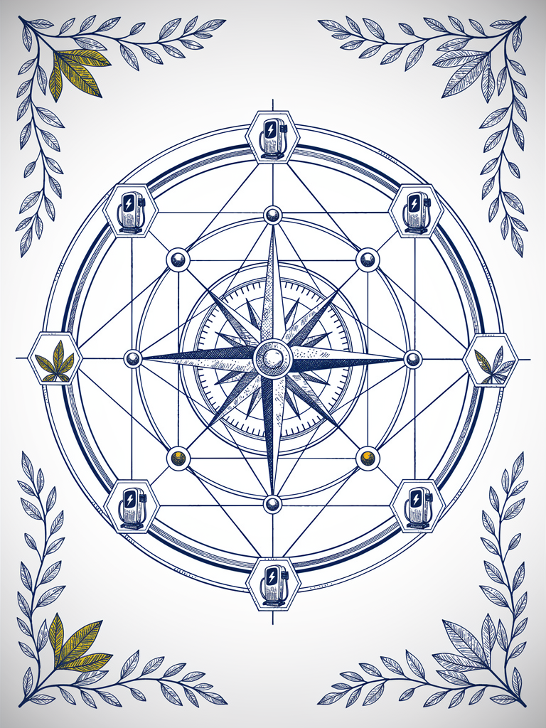 Pen-and-ink illustration of a compass rose surrounded by a network of charging station nodes connected by fine lines