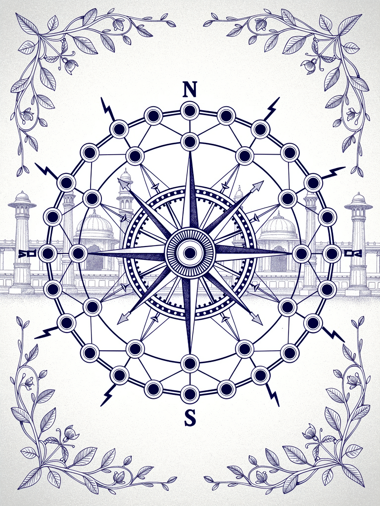 Independence Day themed illustration showing India's unified EV charging network with compass rose, Ashoka Chakra, and interconnected charging nodes representing the 10,000 charger milestone