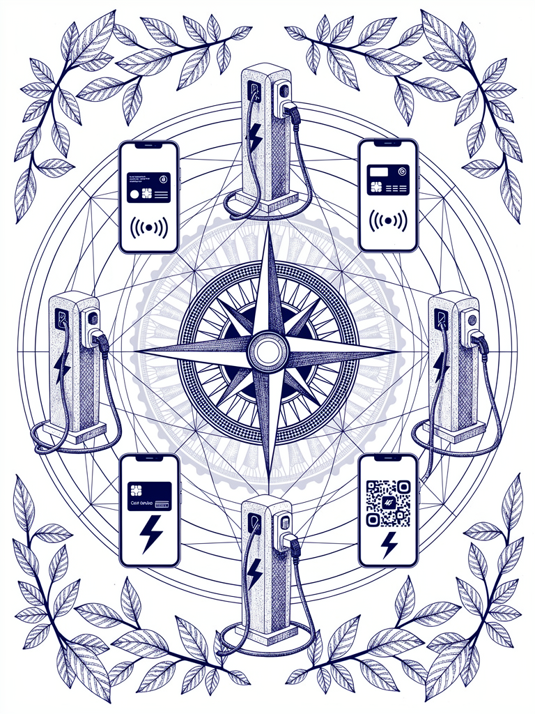 Illustration showing multiple UPI payment platforms connecting to India's unified EV charging network through compass rose navigation and geometric network topology