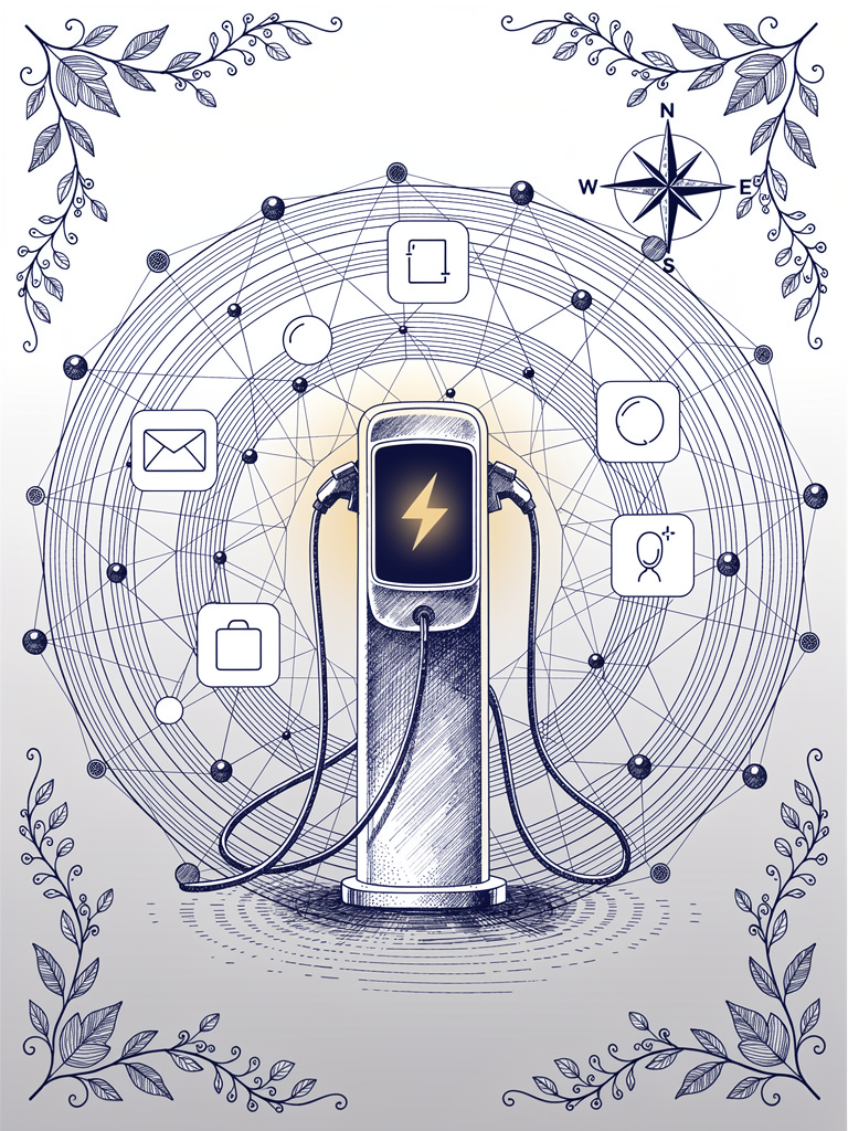 Ink illustration of a single EV charging station with app icons consolidating into concentric rings around it