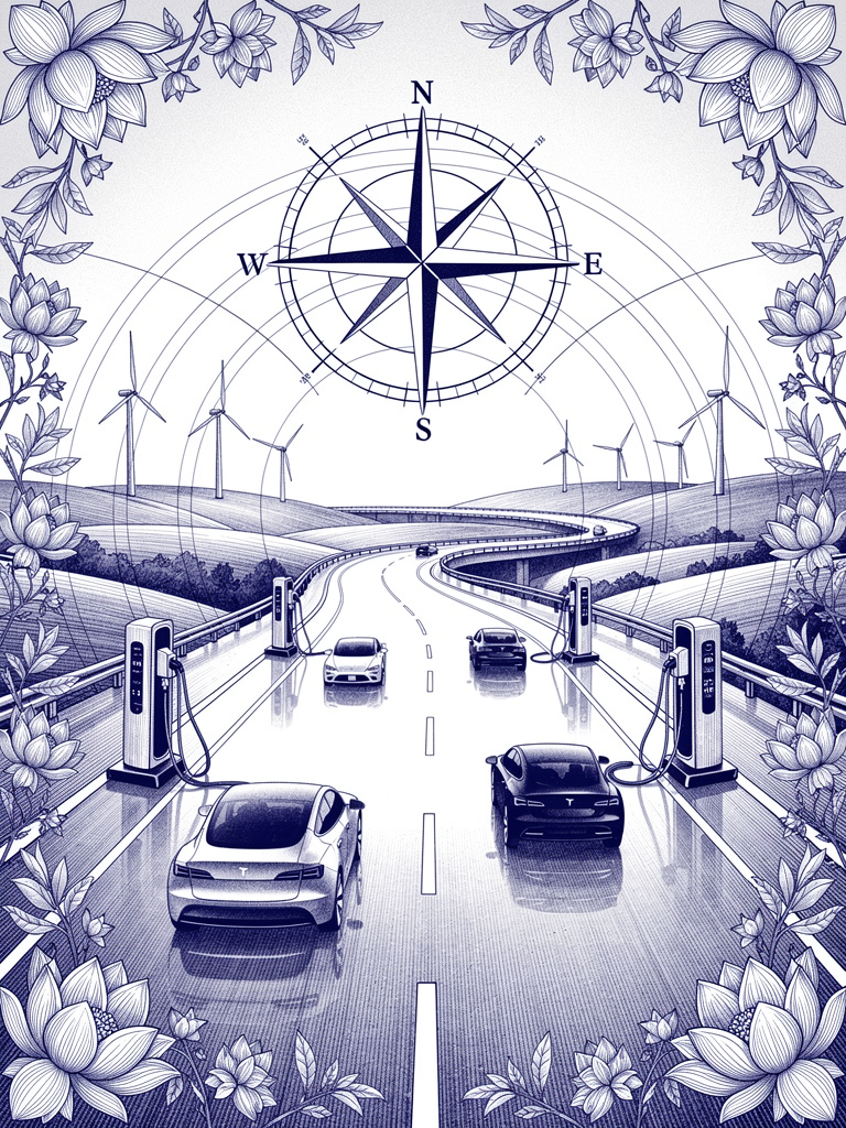 Highway charging corridor illustration with EV stations connected by network topology, compass navigation, and renewable energy elements