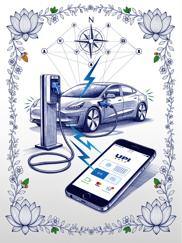 UPI payment interface on smartphone with EV charging station and connectivity network elements in ink illustration style