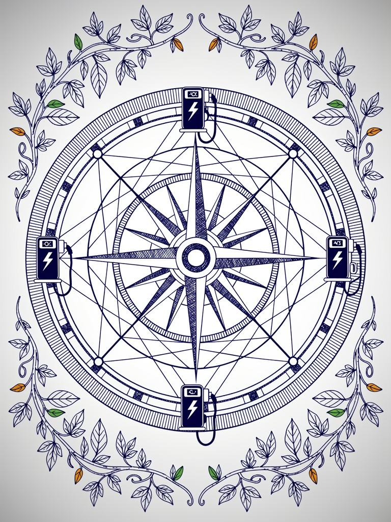 Ink illustration of a compass rose with concentric network rings and EV charging nodes across India