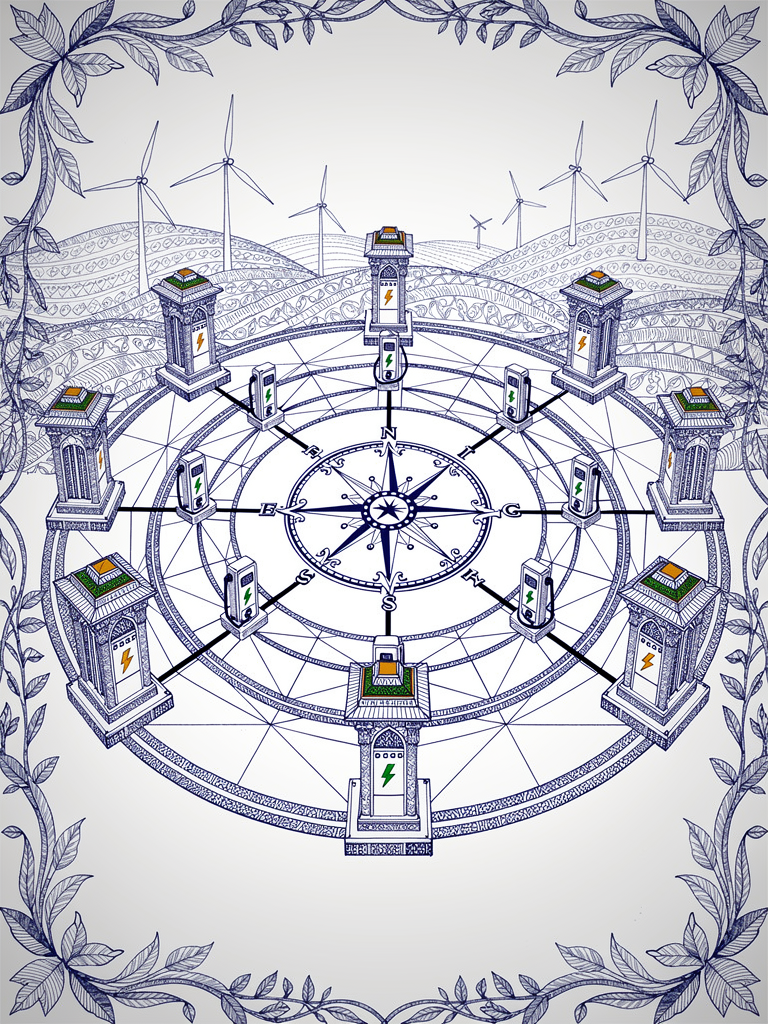 Network diagram showing India's expanding EV charging infrastructure with UBC-connected stations forming concentric circles, featuring compass rose navigation, charging stations with lightning symbols, and classical Indian architectural elements