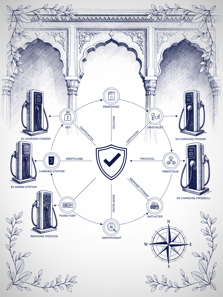 Technical certification diagram showing UBC compliance pathways with shield certification symbol and charging infrastructure network nodes connected through protocol lines