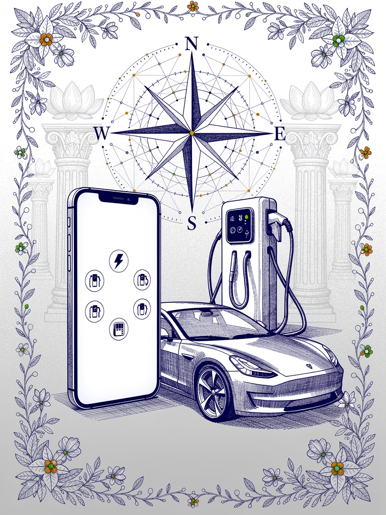 UPI payment interface illustration showing seamless EV charging integration with charging stations and network connectivity patterns