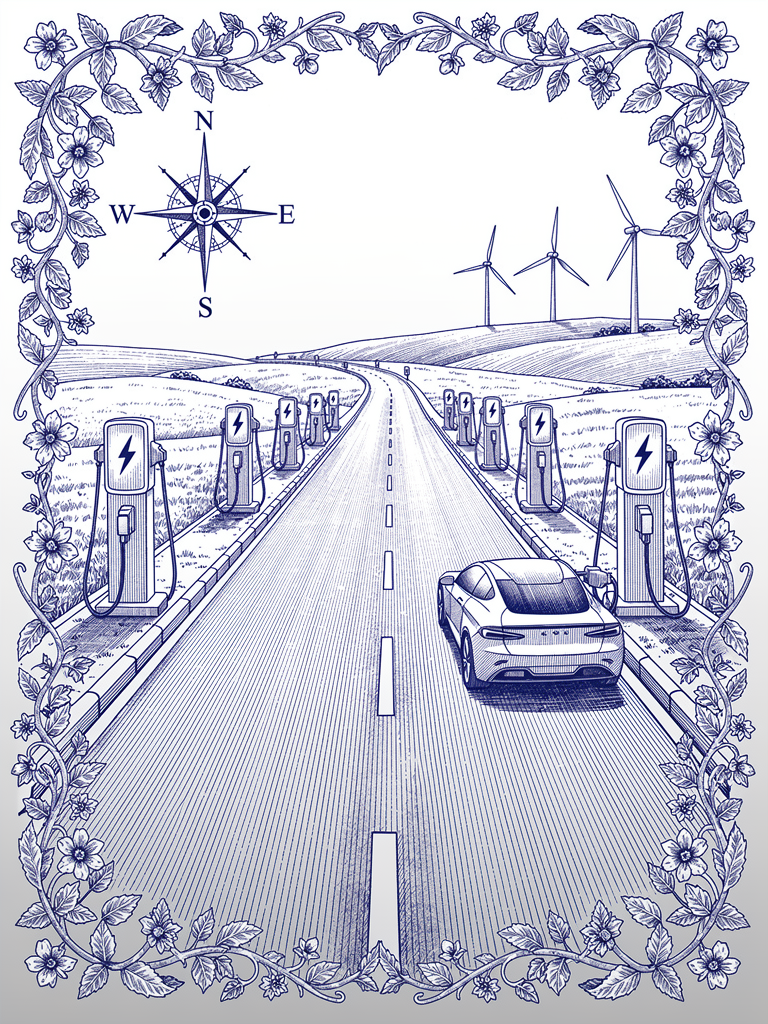 Highway EV charging corridor illustration showing charging stations with lightning symbols positioned along a road with wind turbines in the distance and compass rose navigation element