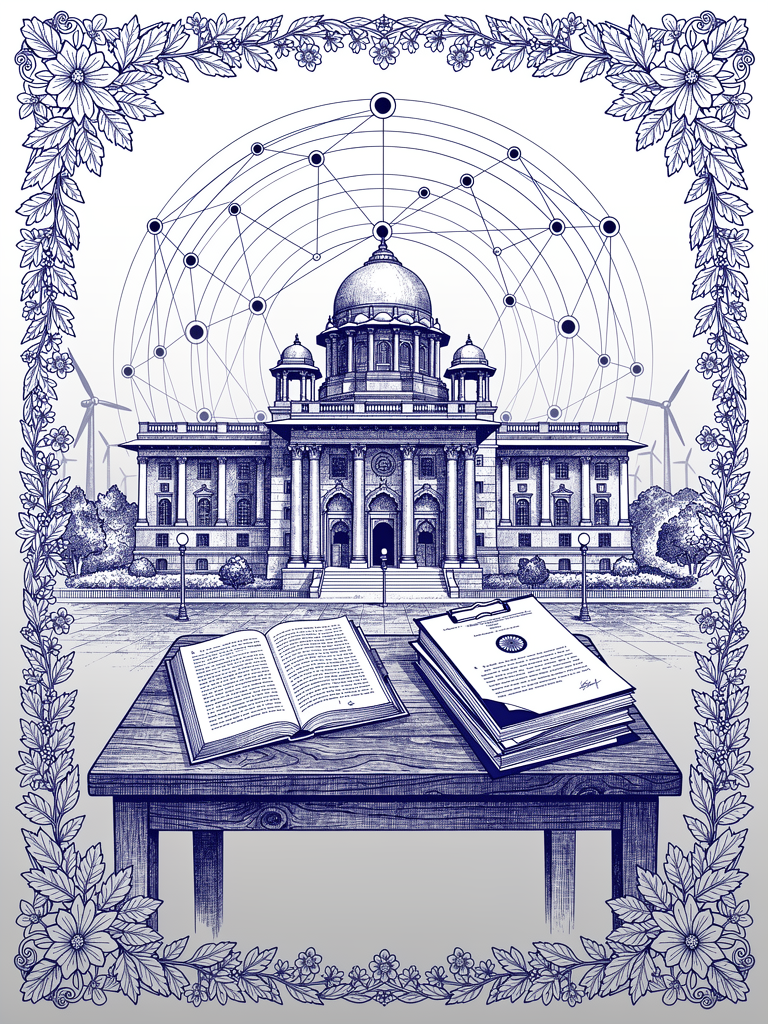 Government building with coordination symbols and network topology representing multi-stakeholder infrastructure development