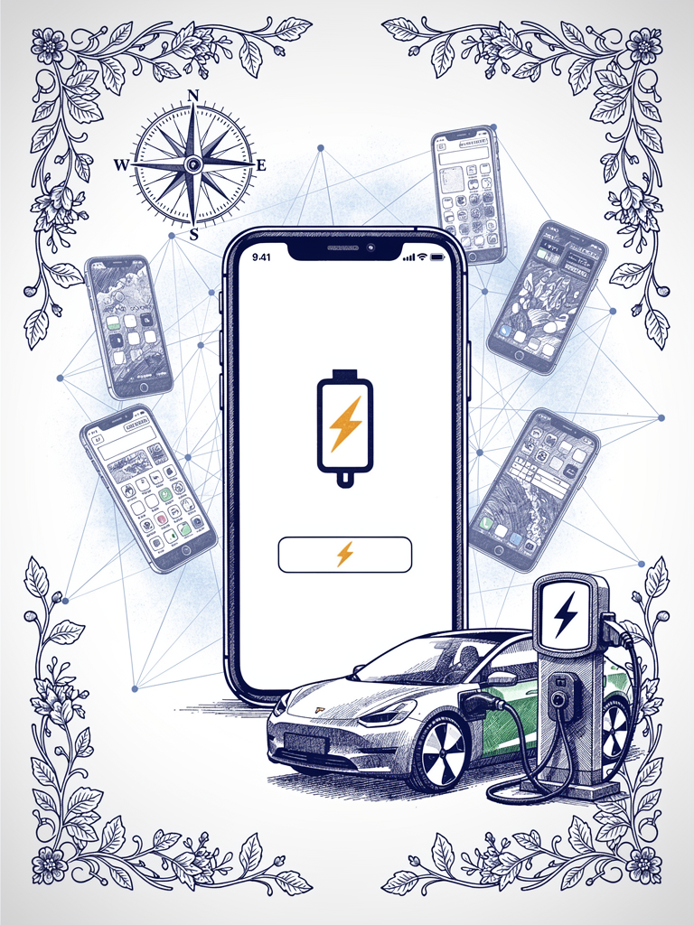 Illustration showing simplified smartphone interface for EV charging with multiple complex apps fading into background, demonstrating the transformation from app fatigue to unified UPI experience