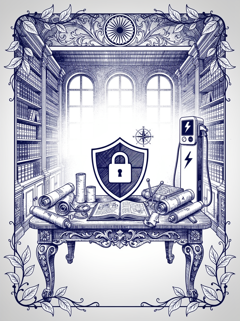 Technical certification illustration showing scholarly books, compliance documents, and security symbols representing the comprehensive certification framework for UBC charging operators