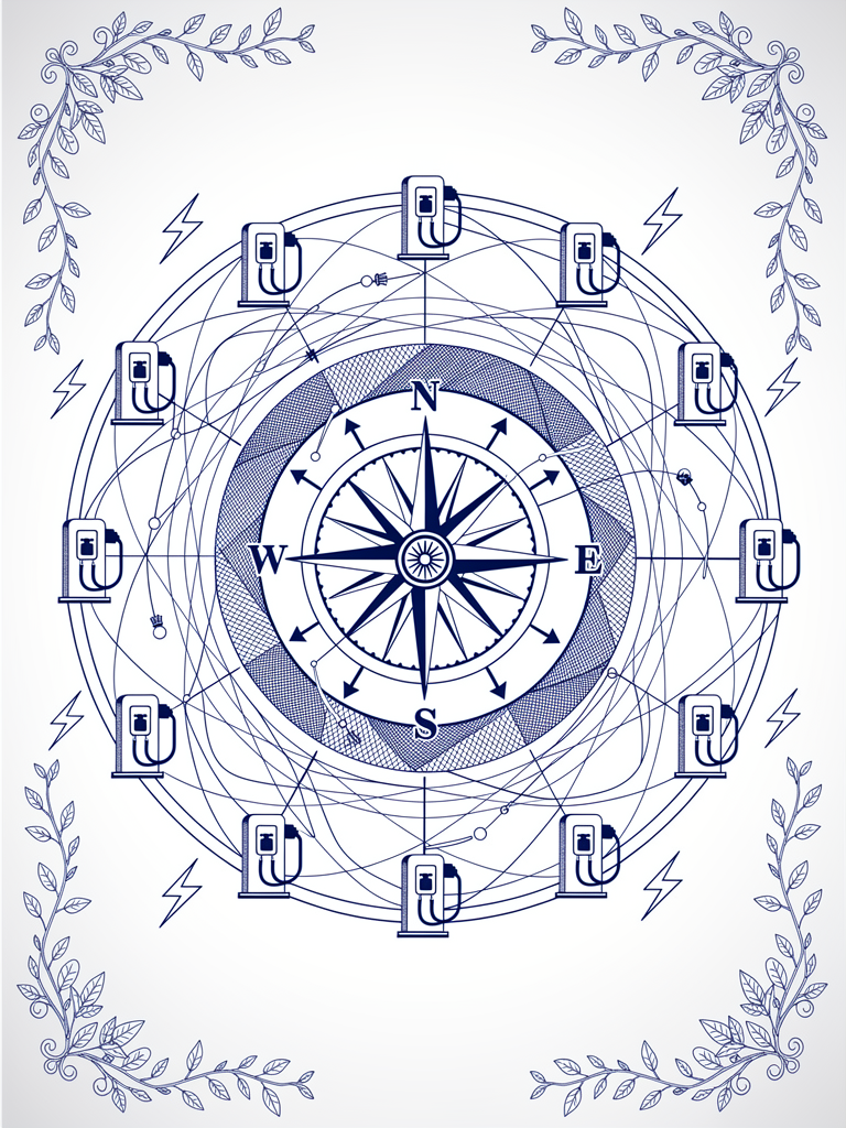 Abstract network illustration showing interconnected EV charging stations with compass rose and geometric patterns representing India's unified charging infrastructure