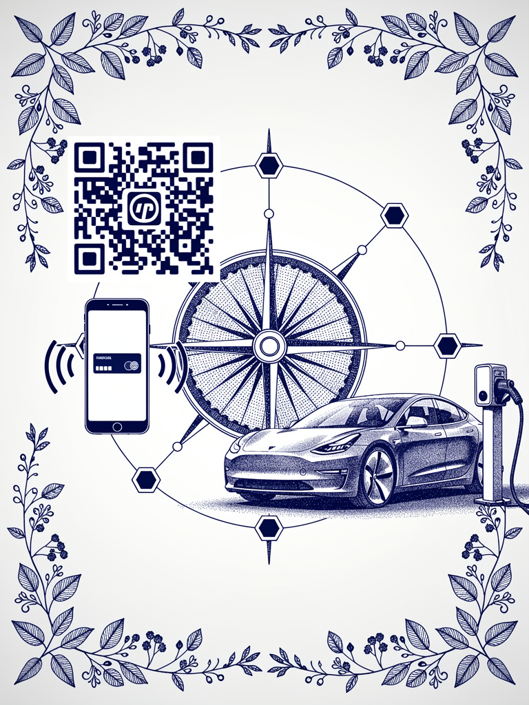 Digital payment interface illustration showing EV charging with UPI integration, featuring compass rose and network connectivity patterns
