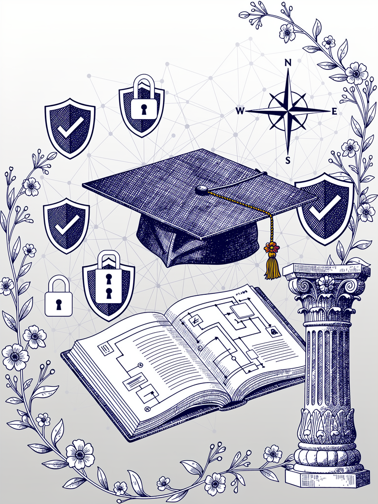 Technical certification illustration showing graduation cap, manual, and security shields with network connectivity patterns and architectural elements