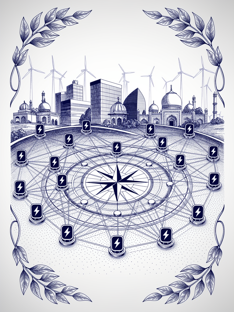 Infrastructure network illustration showing India's expanding EV charging network with architectural elements and connectivity patterns representing nationwide deployment