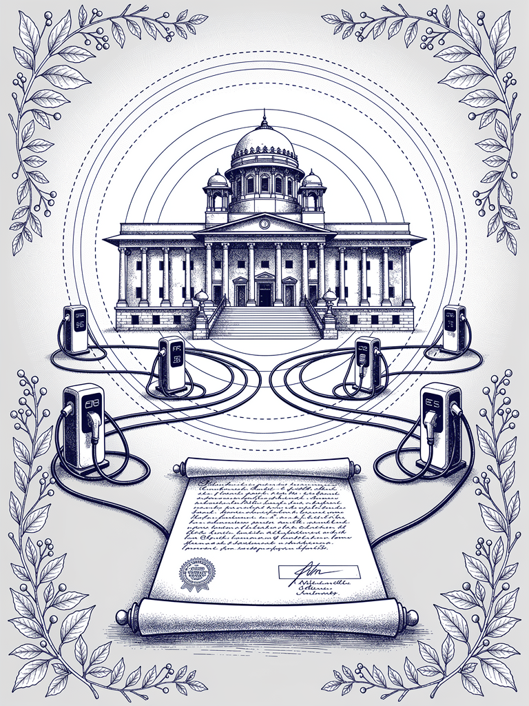 Government policy illustration showing classical Indian architecture with charging stations and policy coordination represented through geometric patterns and network connectivity