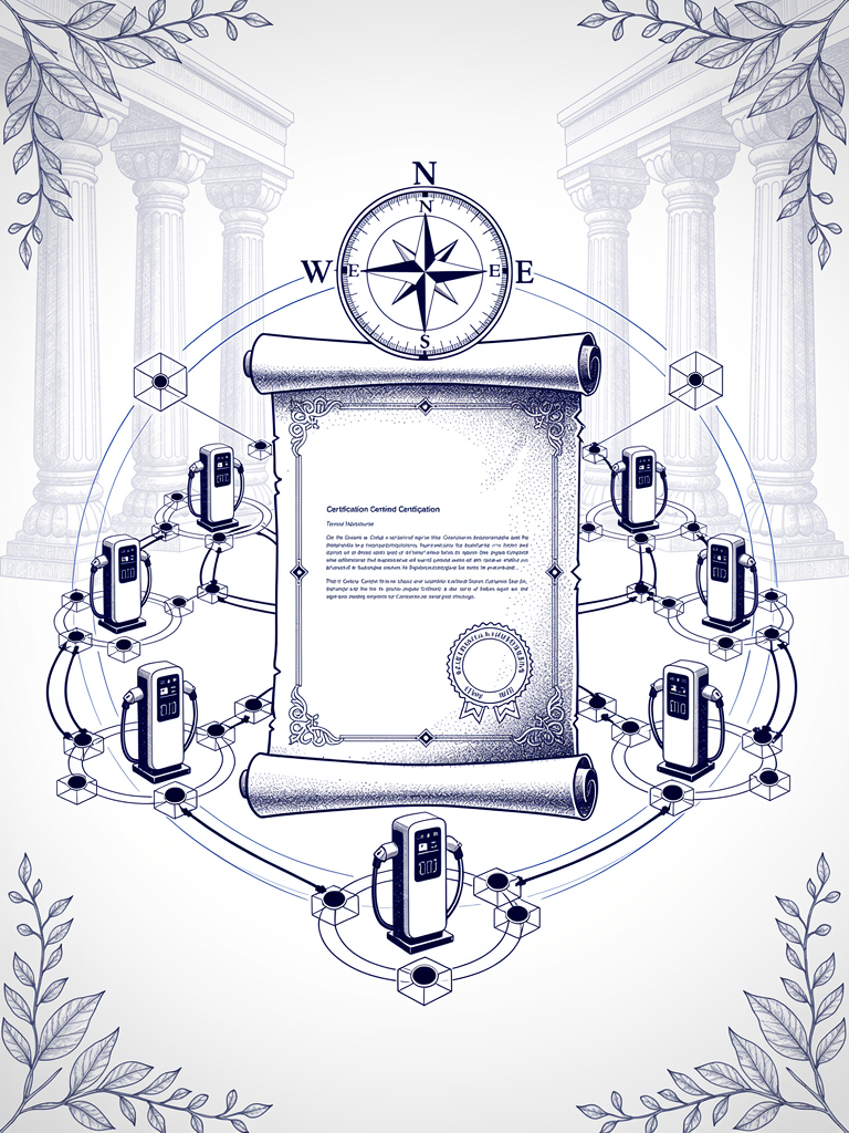 Professional certification illustration showing technology enabler credentials with network connectivity and charging infrastructure integration