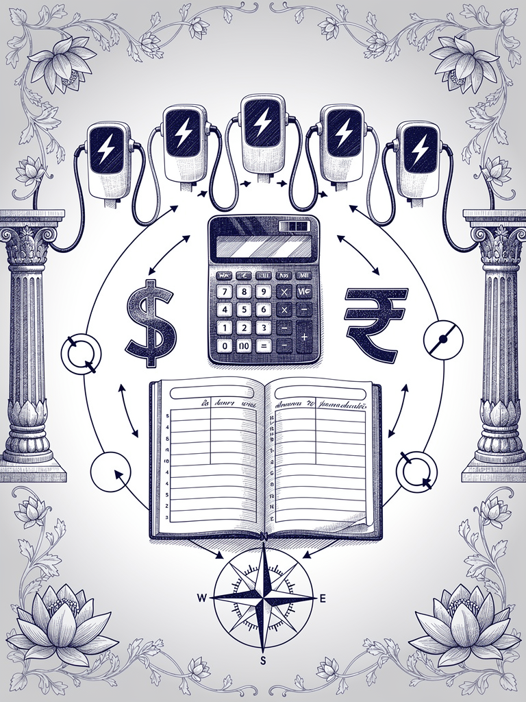Financial infrastructure illustration showing real-time payment settlement with EV charging integration and classical Indian design elements