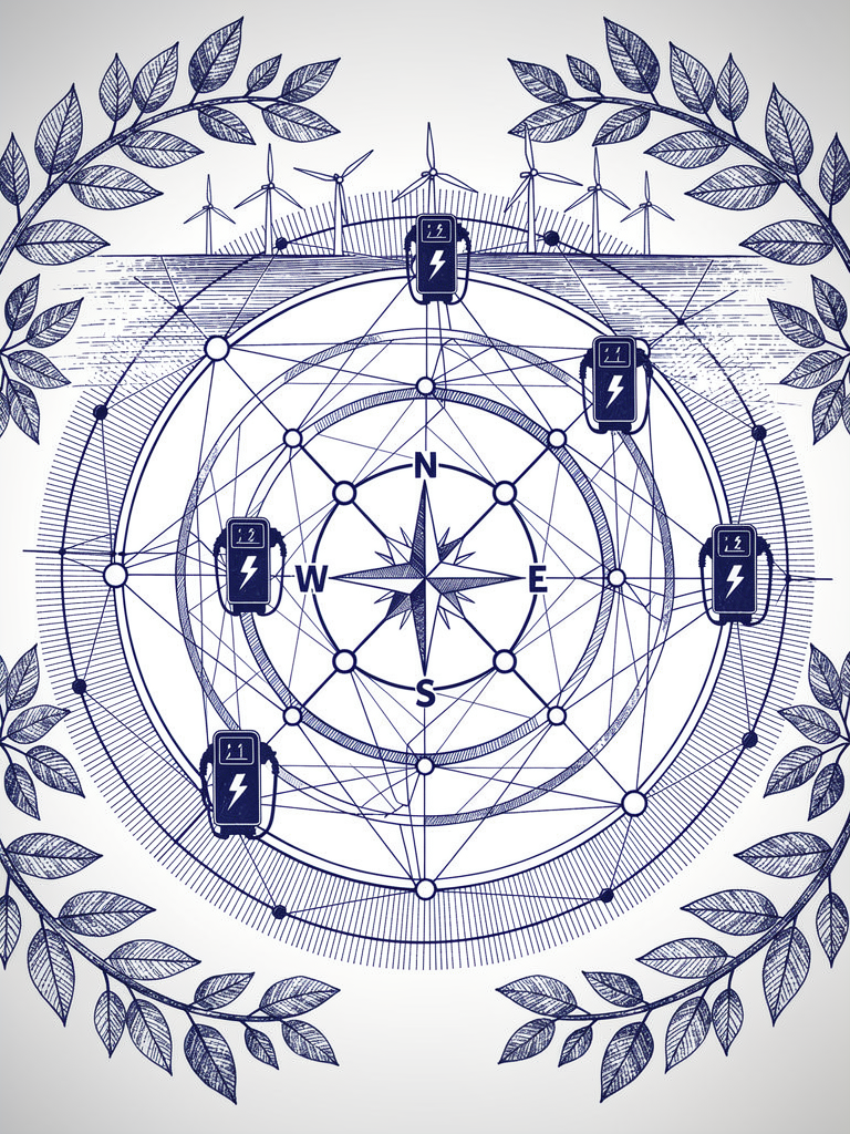 Technical illustration showing smart grid network with EV charging stations connected through geometric topology and renewable energy integration