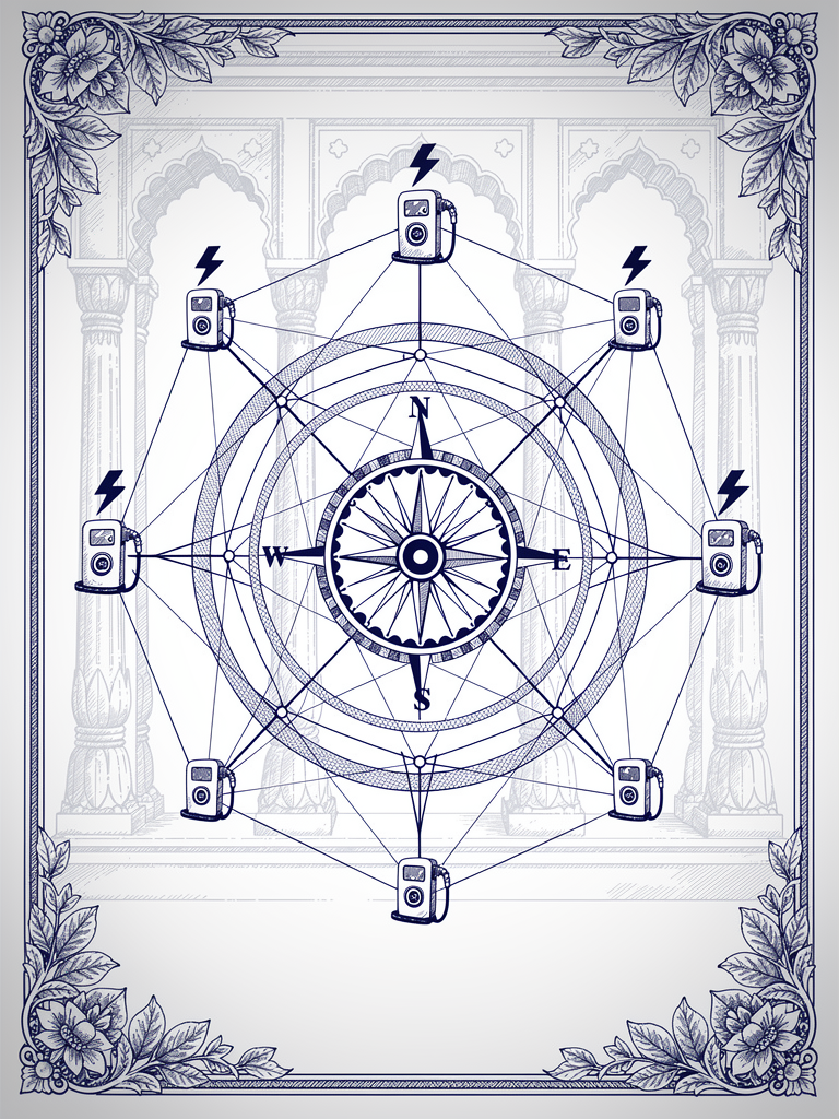 Abstract network topology showing Beckn protocol architecture with charging stations, compass rose, and classical Indian architectural elements