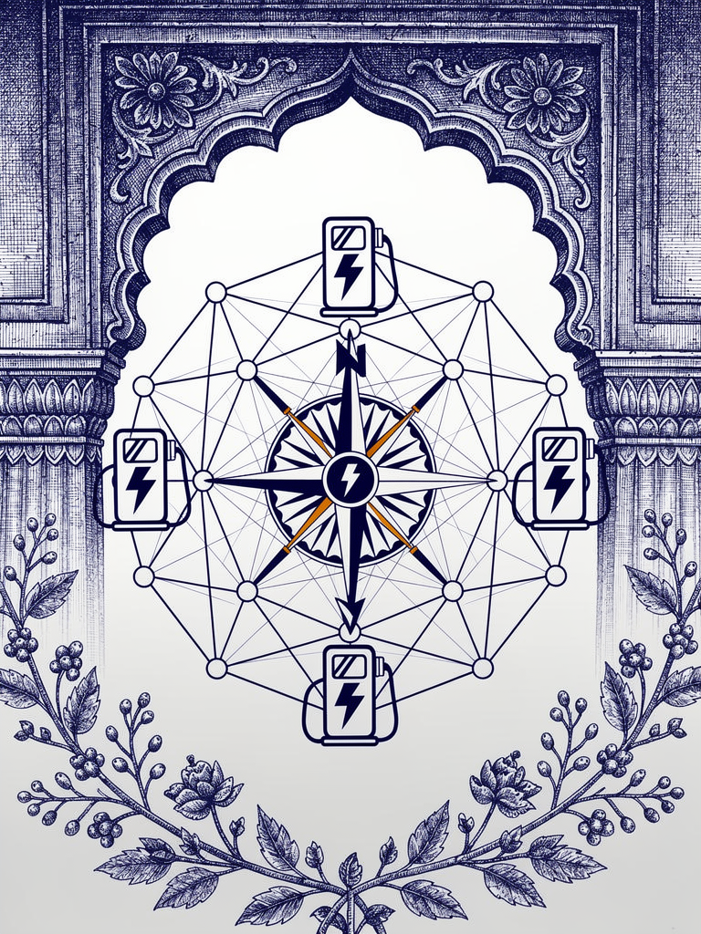 Network topology illustration showing UPI integration with EV charging infrastructure through compass rose, connectivity nodes, and architectural elements representing India's digital payment ecosystem