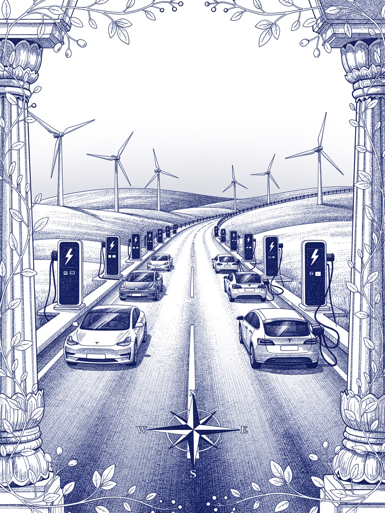 Highway infrastructure illustration showing India's electric corridor development with charging stations, EVs, and renewable energy integration along transportation routes