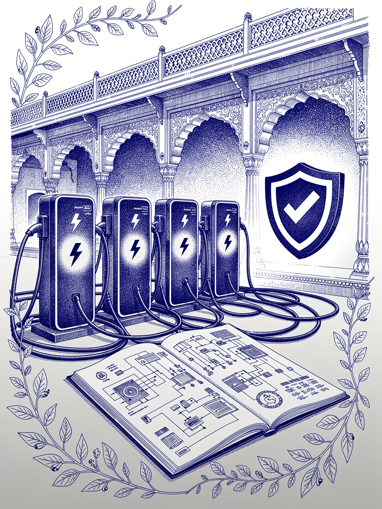 Technical illustration showing EV charging stations, certification manual, and architectural elements representing the UBC integration guide for operators
