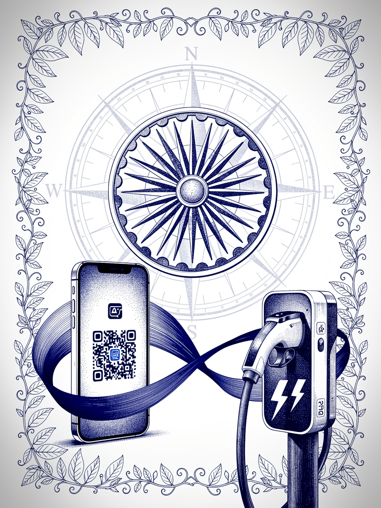 Illustration showing UPI payment integration with EV charging, featuring smartphone interface connected to charging infrastructure through elegant network design