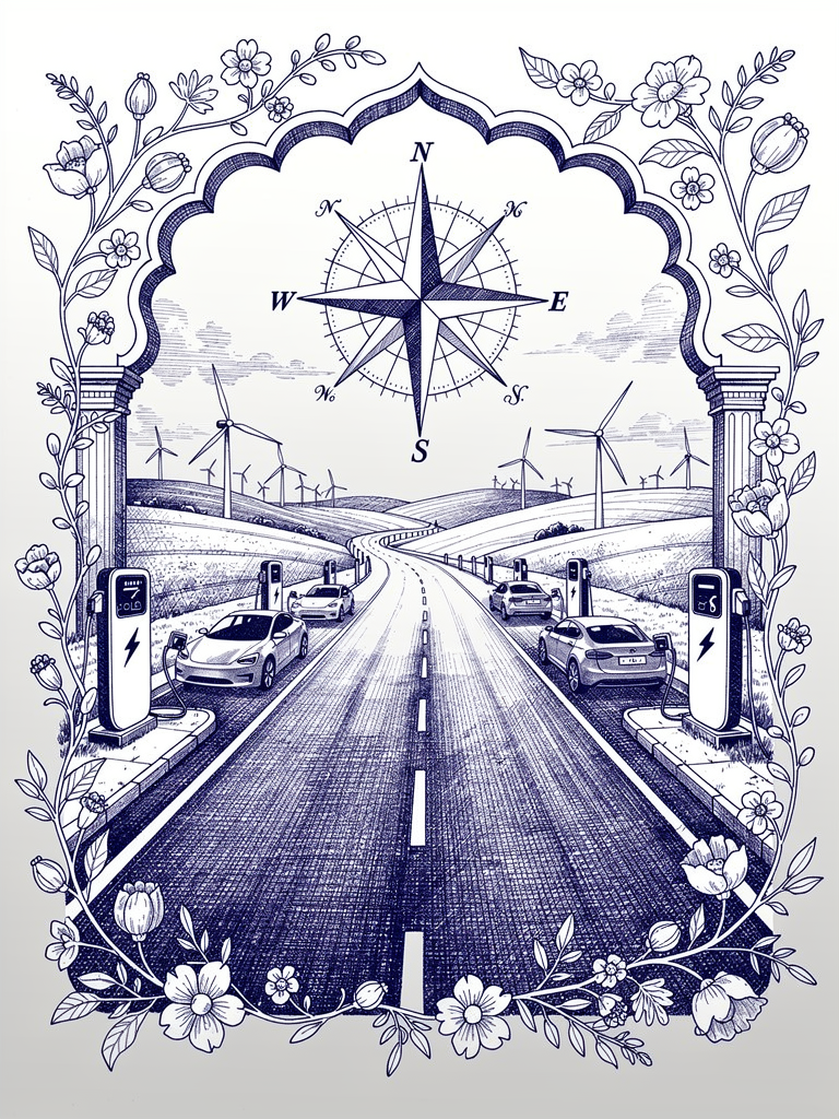 Illustration of India's highway EV charging corridor with charging stations, electric vehicles, and compass rose representing nationwide connectivity