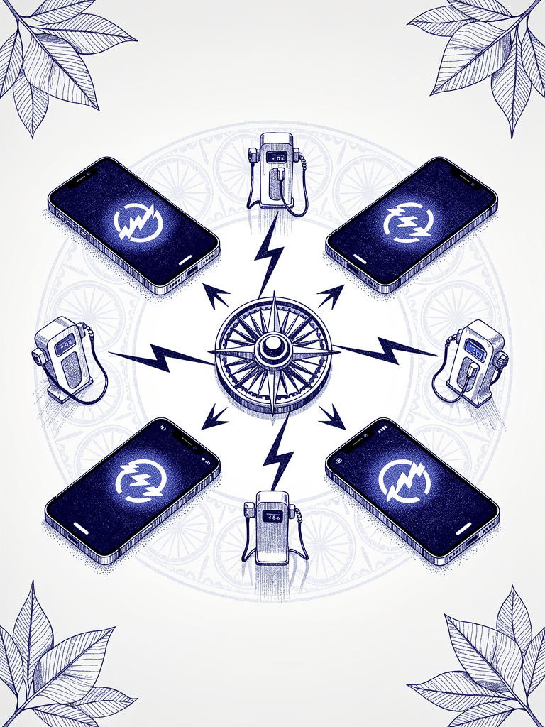 Illustration showing multiple UPI payment apps connected to EV charging infrastructure through unified protocol integration