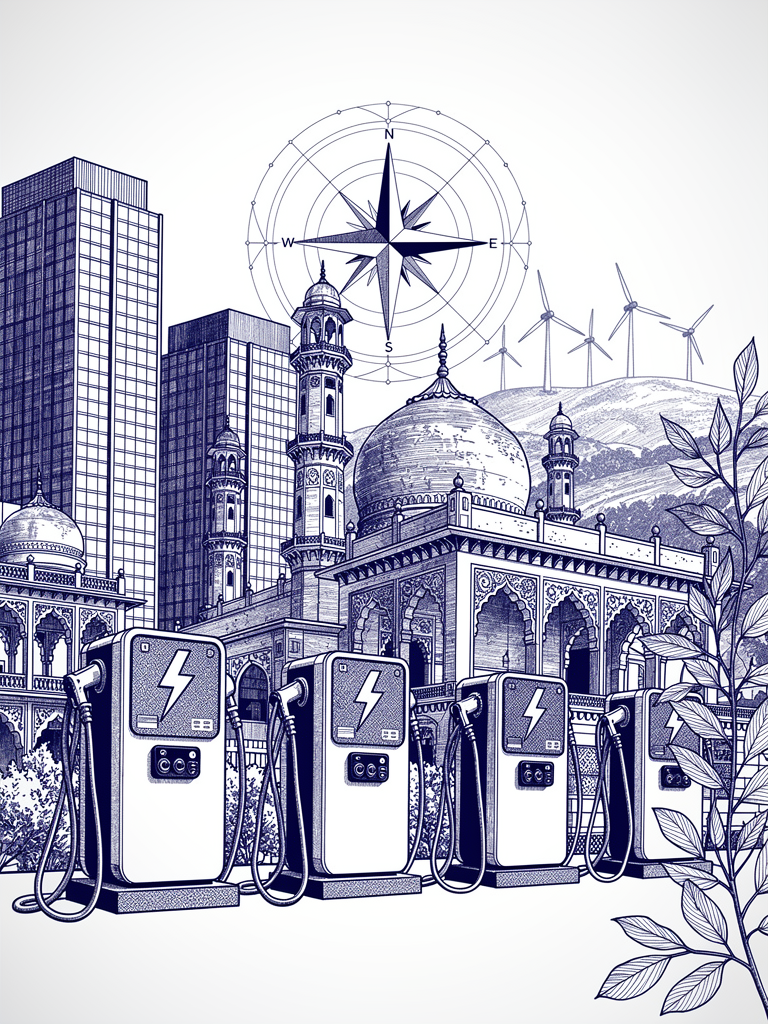 Business analysis illustration showing India's commercial landscape with EV charging infrastructure and network connectivity representing revenue opportunities
