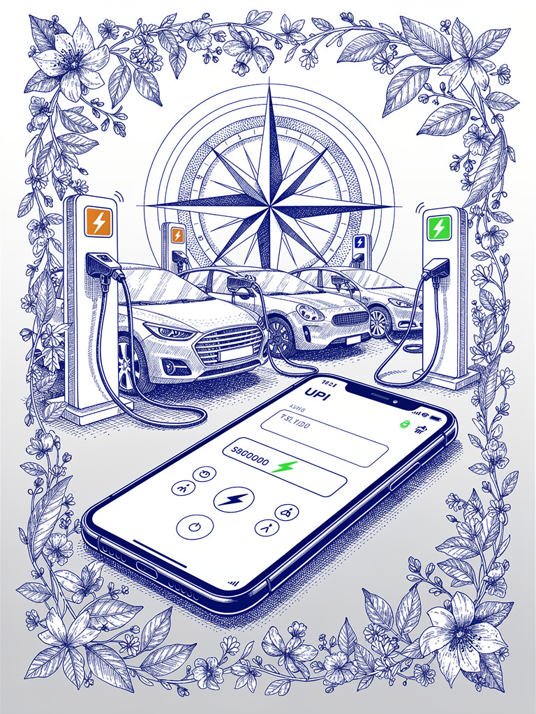 UPI integration illustration showing smartphone interface with EV charging stations and connectivity network representing seamless payment experience
