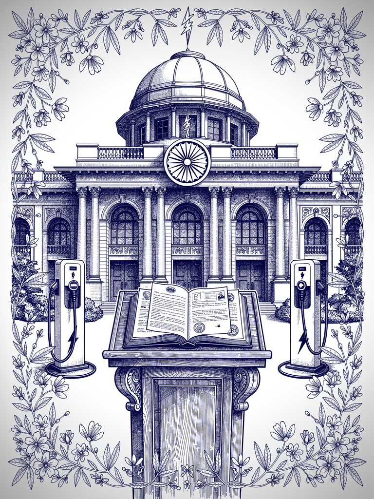 Government policy illustration showing Indian classical architecture with official documents, compass rose, and EV charging infrastructure representing policy framework for UBC standardization