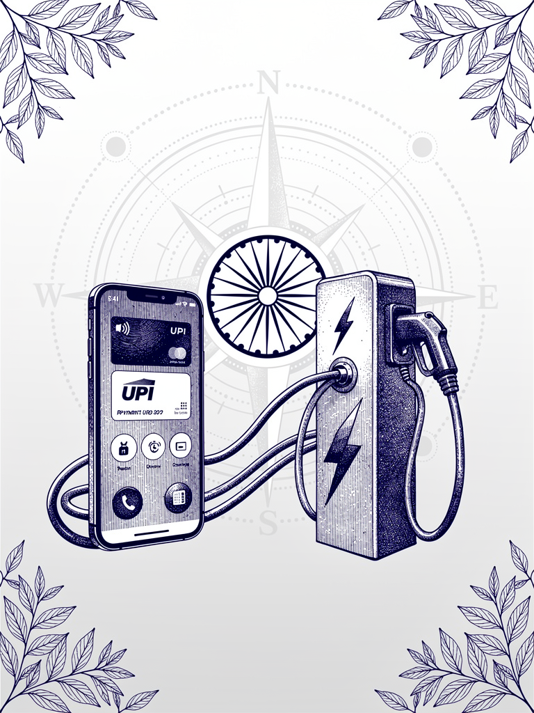 Illustration showing UPI payment integration with EV charging infrastructure through interconnected nodes and charging stations