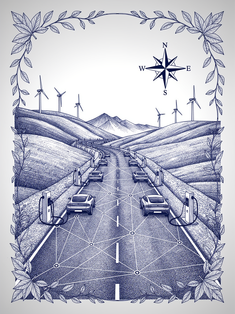 Illustration of India's highway charging corridor with EV charging stations connected along a scenic route with compass rose and connectivity elements