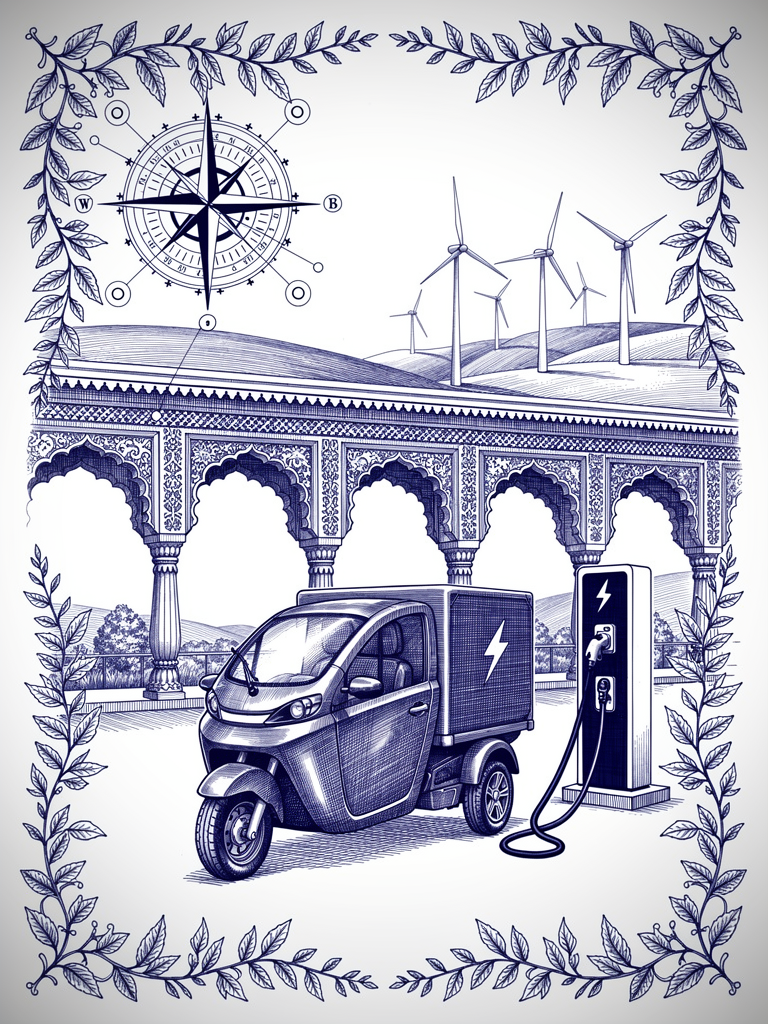 Illustration of electric commercial delivery vehicle charging at a UBC-enabled station with Indian architectural elements and network connectivity symbols