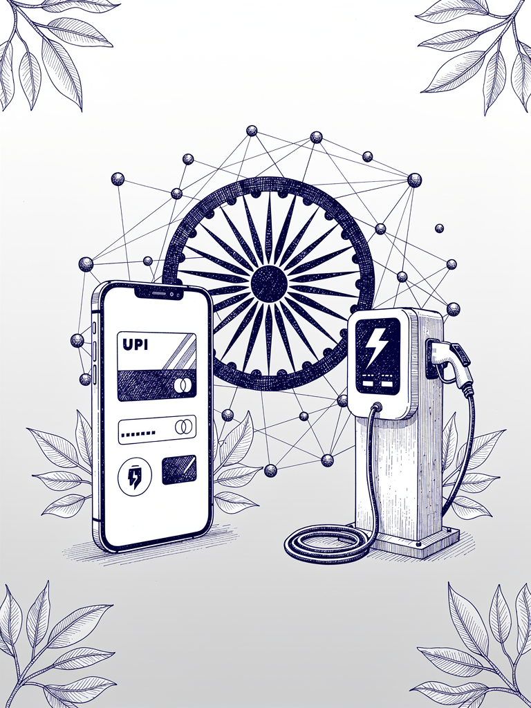 Digital payment integration illustration showing UPI interface connected to EV charging infrastructure through network connectivity symbols and Indian cultural motifs