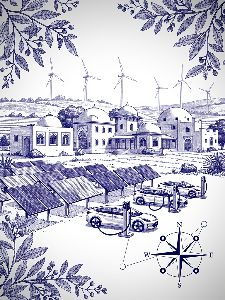 Rural solar-powered EV charging infrastructure illustration showing village architecture, renewable energy integration, and network connectivity across India's countryside