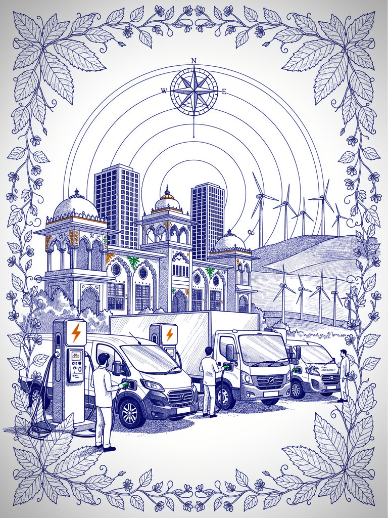 Commercial fleet electrification illustration showing electric delivery vehicles and cargo trucks charging at UBC-enabled stations with network connectivity and urban infrastructure
