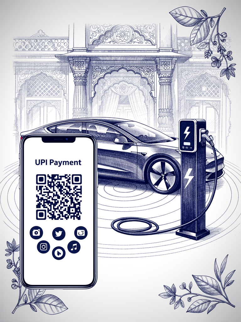 UPI payment apps integration with EV charging infrastructure showing mobile payment interface and electric vehicle charging station