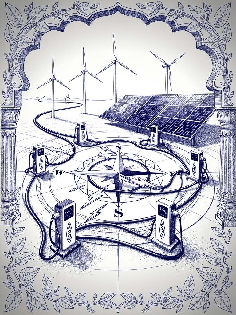 Smart grid integration illustration showing EV charging stations connected to renewable energy sources through intelligent network topology