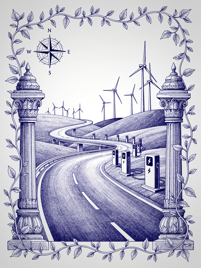 Highway charging corridor illustration showing EV charging stations along India's major highway network with compass rose and architectural elements