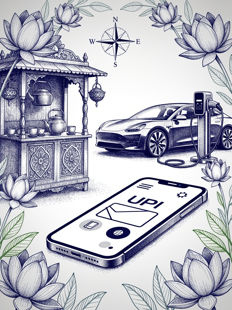 UPI payment interface illustration showing the seamless integration between familiar digital payments and EV charging, with traditional Indian elements and modern technology harmoniously combined
