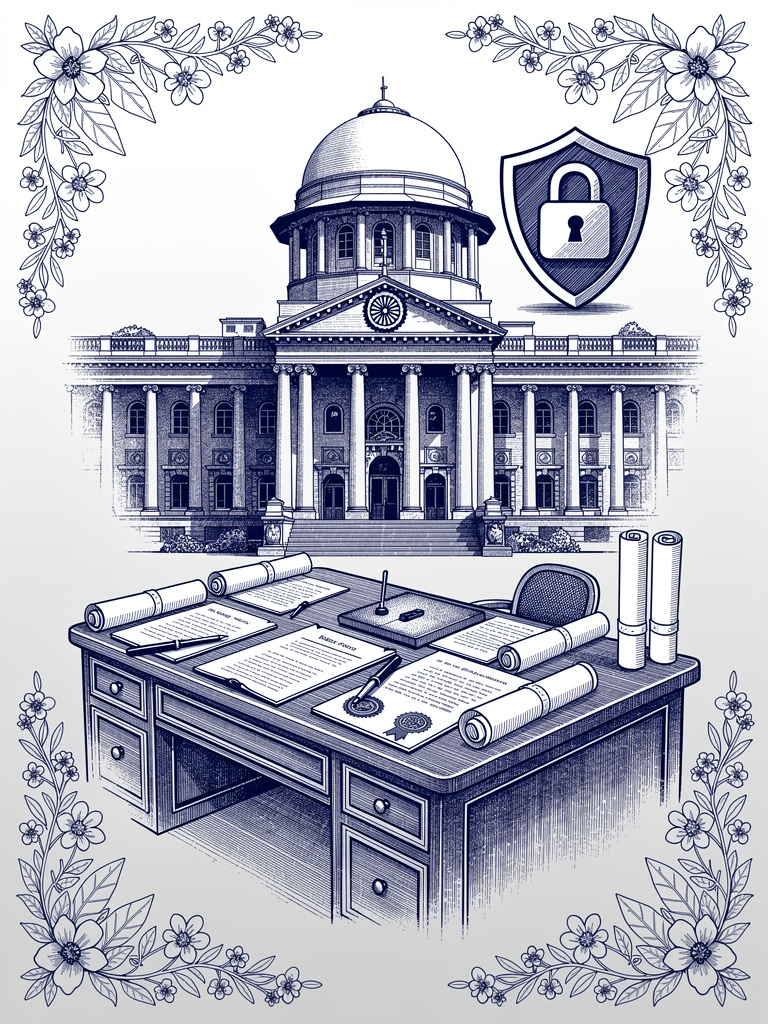 Official government building with certification documents and compliance symbols, representing India's UBC regulatory framework for EV charging infrastructure