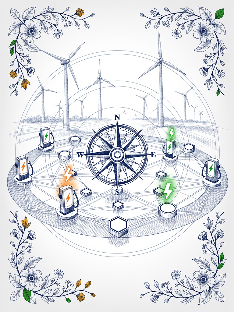 Sophisticated network diagram showing smart grid integration with EV charging stations, renewable energy sources, and grid coordination layers in an ink illustration style