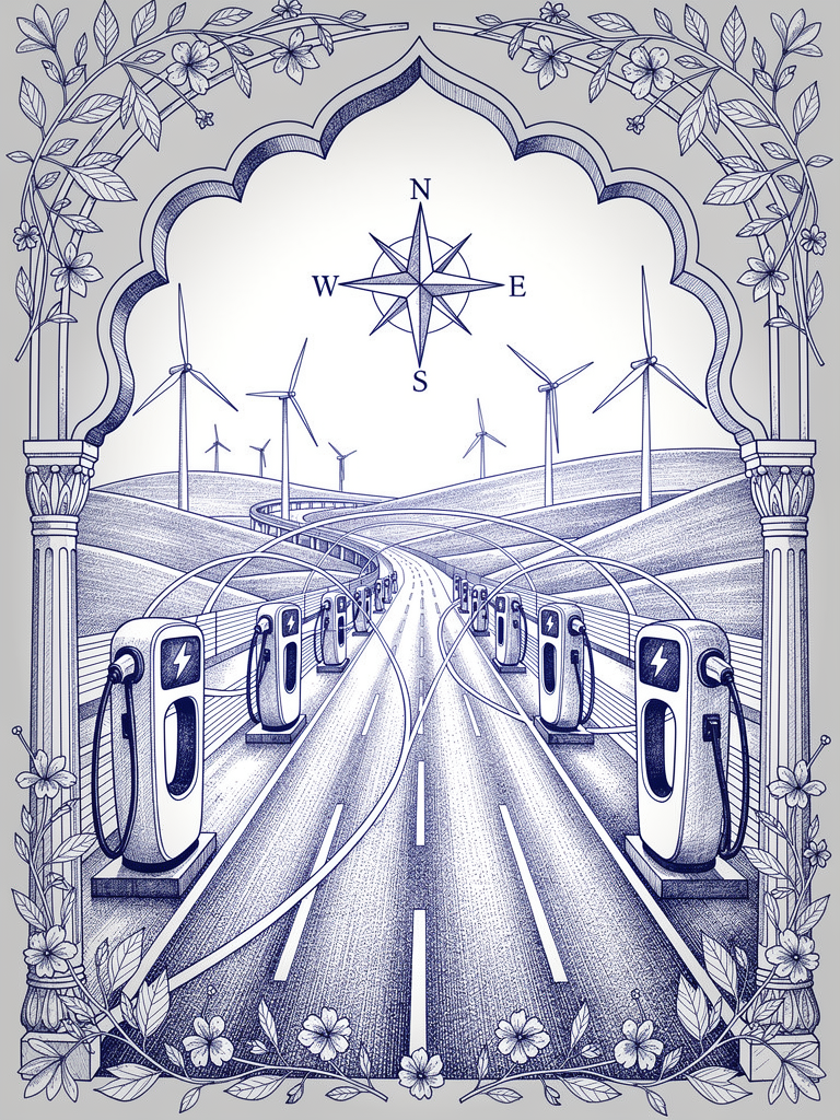 Illustration of India's highway charging corridor with EV stations positioned along major routes, featuring compass rose navigation symbols and architectural elements representing nationwide connectivity