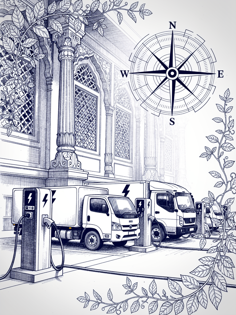 Illustration of commercial electric vehicles at charging stations with network connectivity symbols and Indian architectural elements, representing fleet electrification through UBC