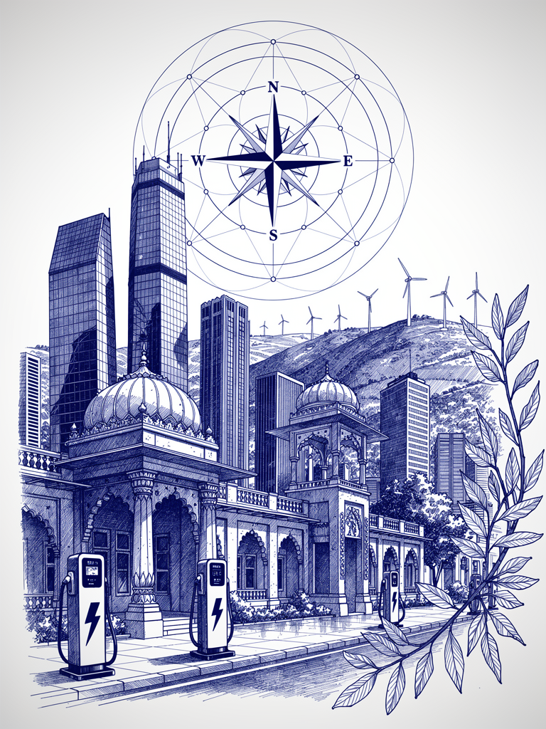 Urban landscape illustration showing infrastructure scaling with EV charging network, Indian architecture, and connectivity symbols representing UBC protocol deployment