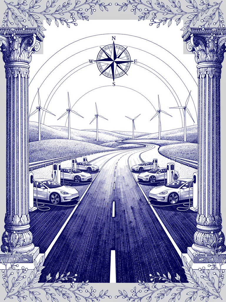 Highway corridor illustration showing EV charging infrastructure integrated with renewable energy and navigation systems along India's transportation network