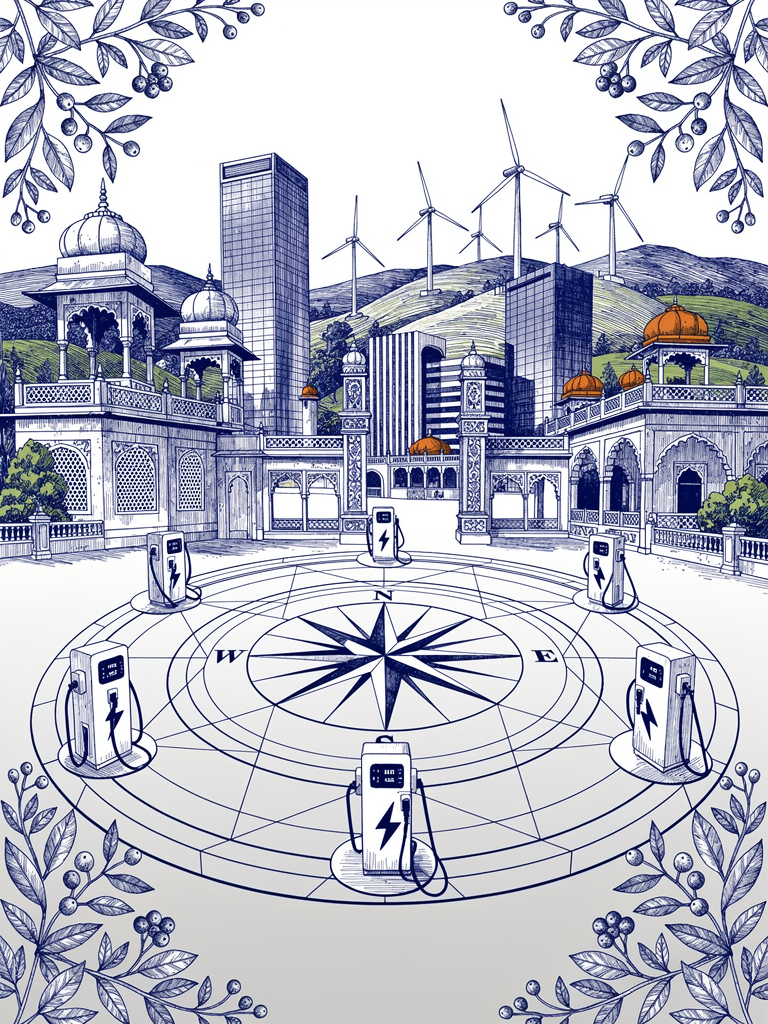 Market analysis illustration showing India's urban infrastructure with EV charging network, modern buildings blended with traditional architecture, and growth indicators